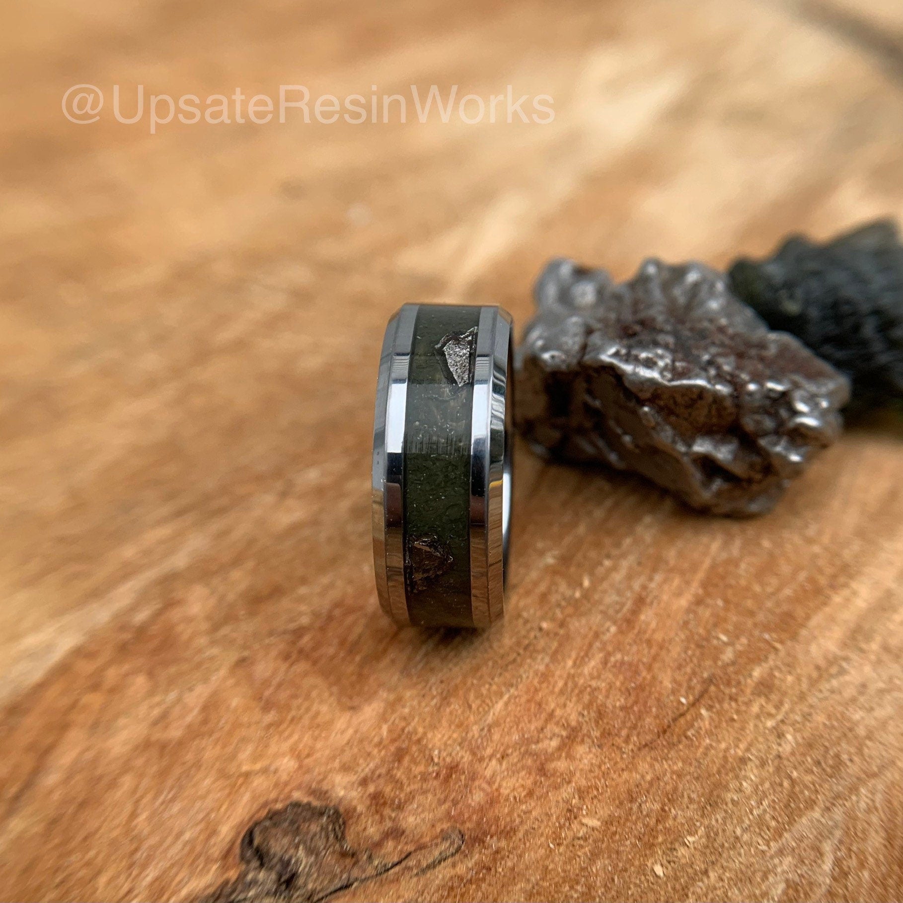 Real Moldavite ring, Moldavite and meteorite band, Moldavite push gift, moldavite for him, moldavite for her, wedding band, engagement band