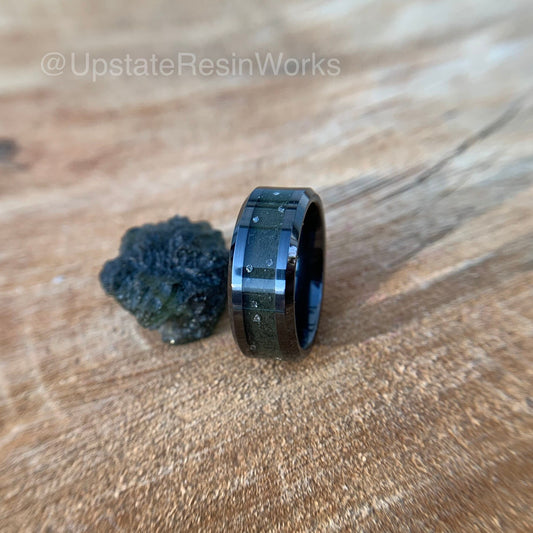 Real Moldavite ring, Diamond and Moldavite band, moldavite for him, moldavite for her, vow renewal, wedding band, engagement band, promise