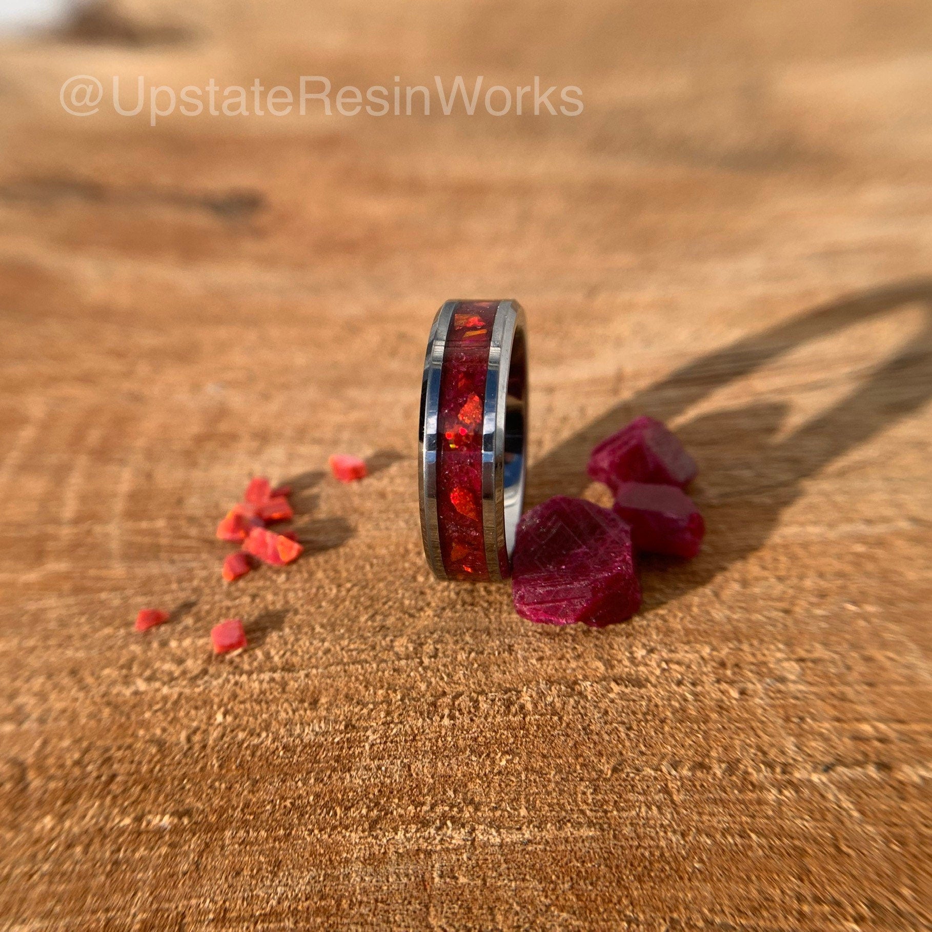 One Carat Ruby ring, Ruby and Opal, Ruby band, mens ruby ring, womans ruby ring, wedding band, engagement ring, Red line FireFighter ring