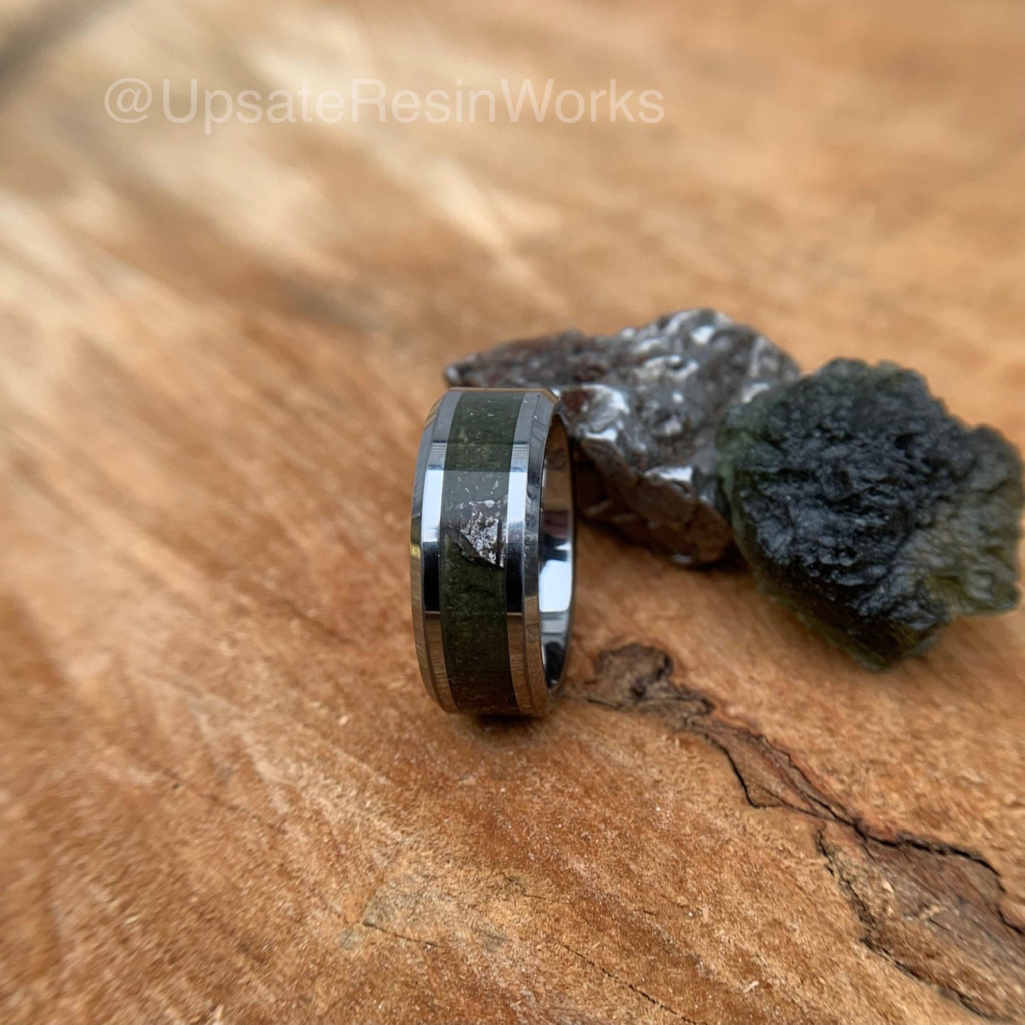 Real Moldavite ring, Moldavite and meteorite band, Moldavite push gift, moldavite for him, moldavite for her, wedding band, engagement band