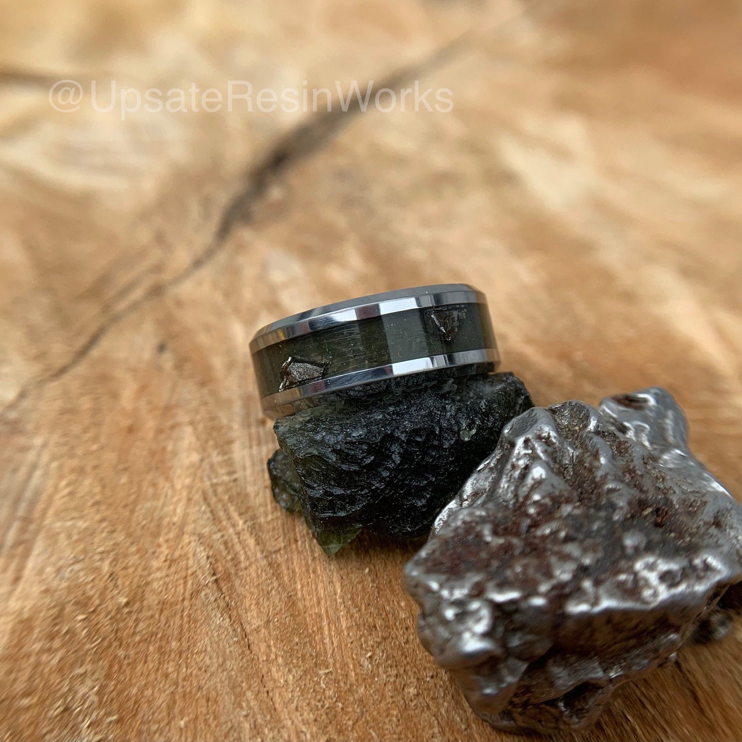 Real Moldavite ring, Moldavite and meteorite band, Moldavite push gift, moldavite for him, moldavite for her, wedding band, engagement band