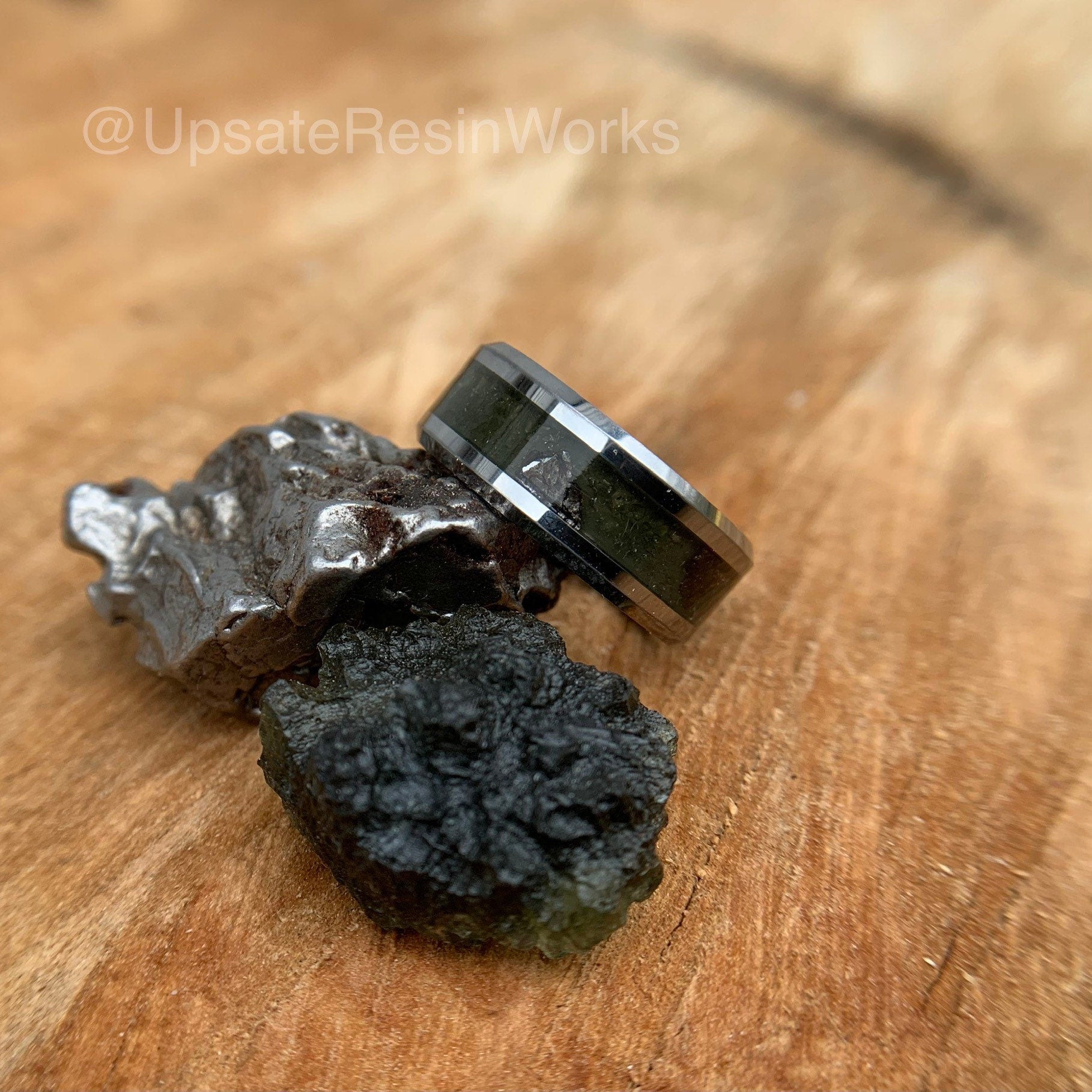 Real Moldavite ring, Moldavite and meteorite band, Moldavite push gift, moldavite for him, moldavite for her, wedding band, engagement band