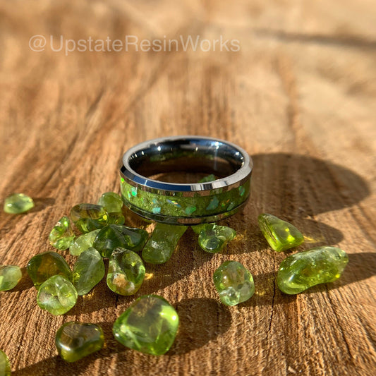 Genuine Peridot ring, Peridot and Opal ring, gemstone ring, wedding ring, promise ring, Anniversary Band, peridot for him, peridot for her