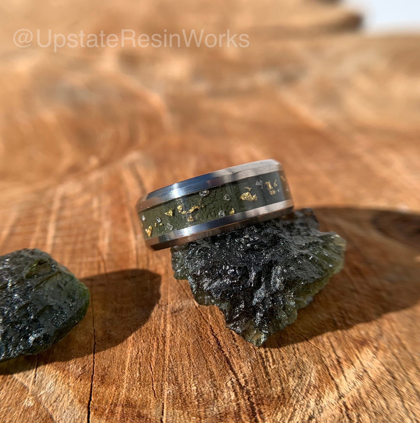 Real Moldavite ring, gold and diamond, moldavite band, Tektite ring,  push gift, vow renewal, wedding ring, engagement ring, promise ring