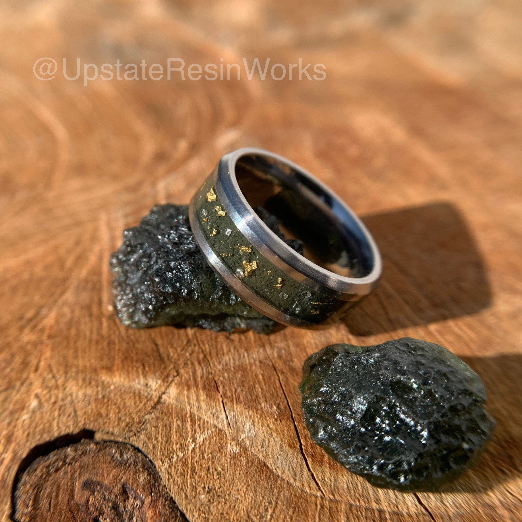 Real Moldavite ring, gold and diamond, moldavite band, Tektite ring,  push gift, vow renewal, wedding ring, engagement ring, promise ring