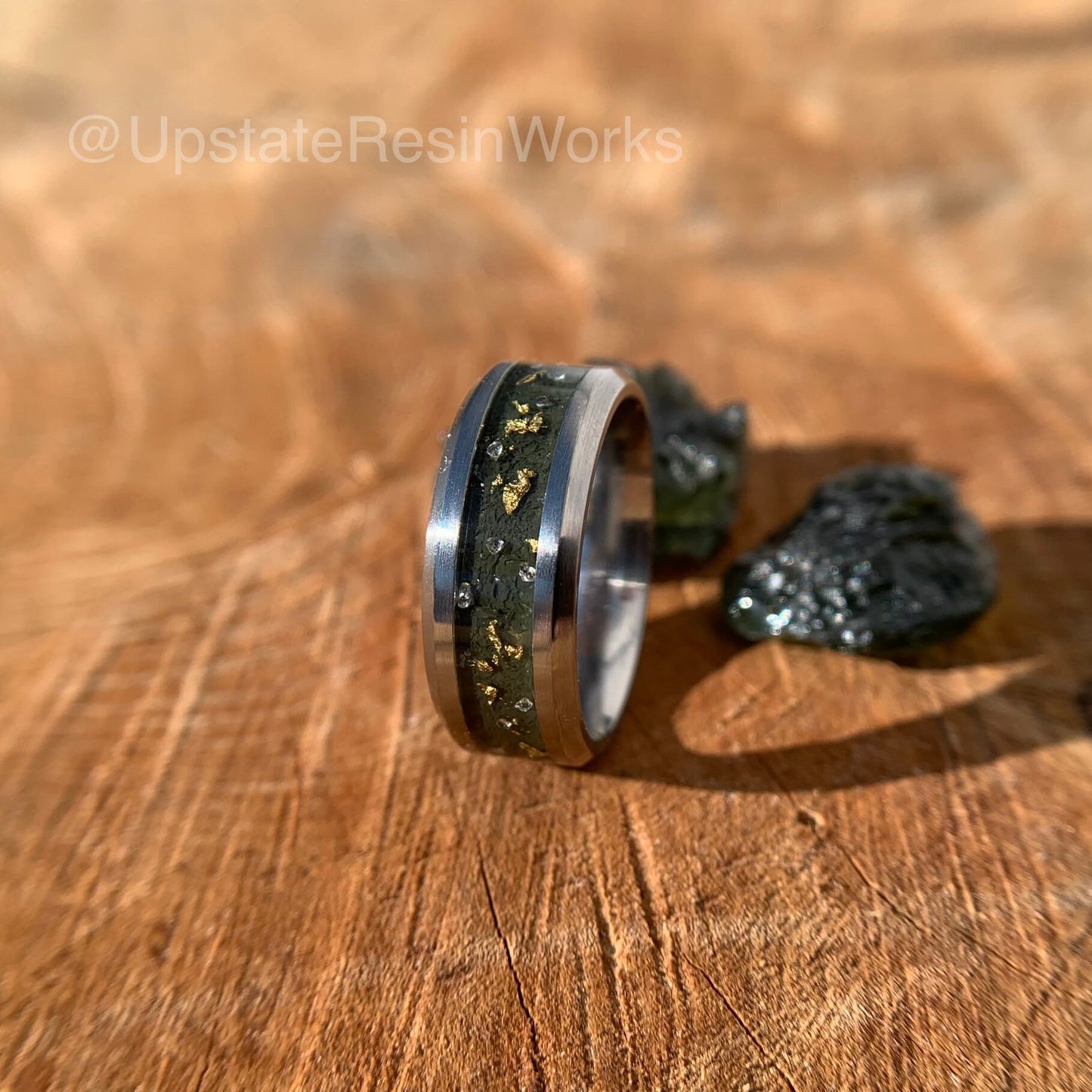 Real Moldavite ring, gold and diamond, moldavite band, Tektite ring,  push gift, vow renewal, wedding ring, engagement ring, promise ring