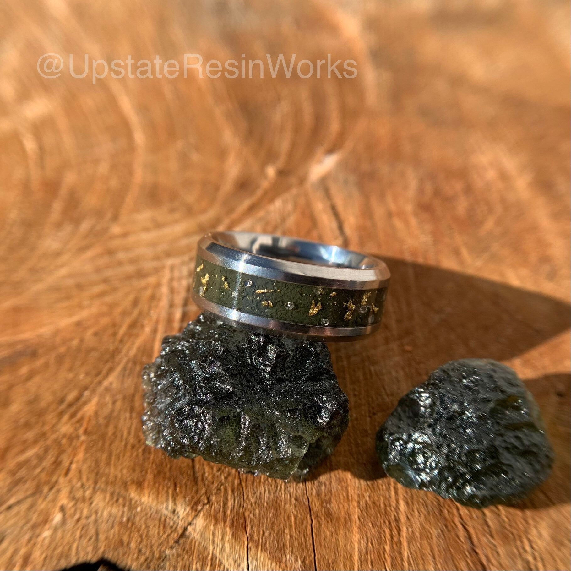 Real Moldavite ring, gold and diamond, moldavite band, Tektite