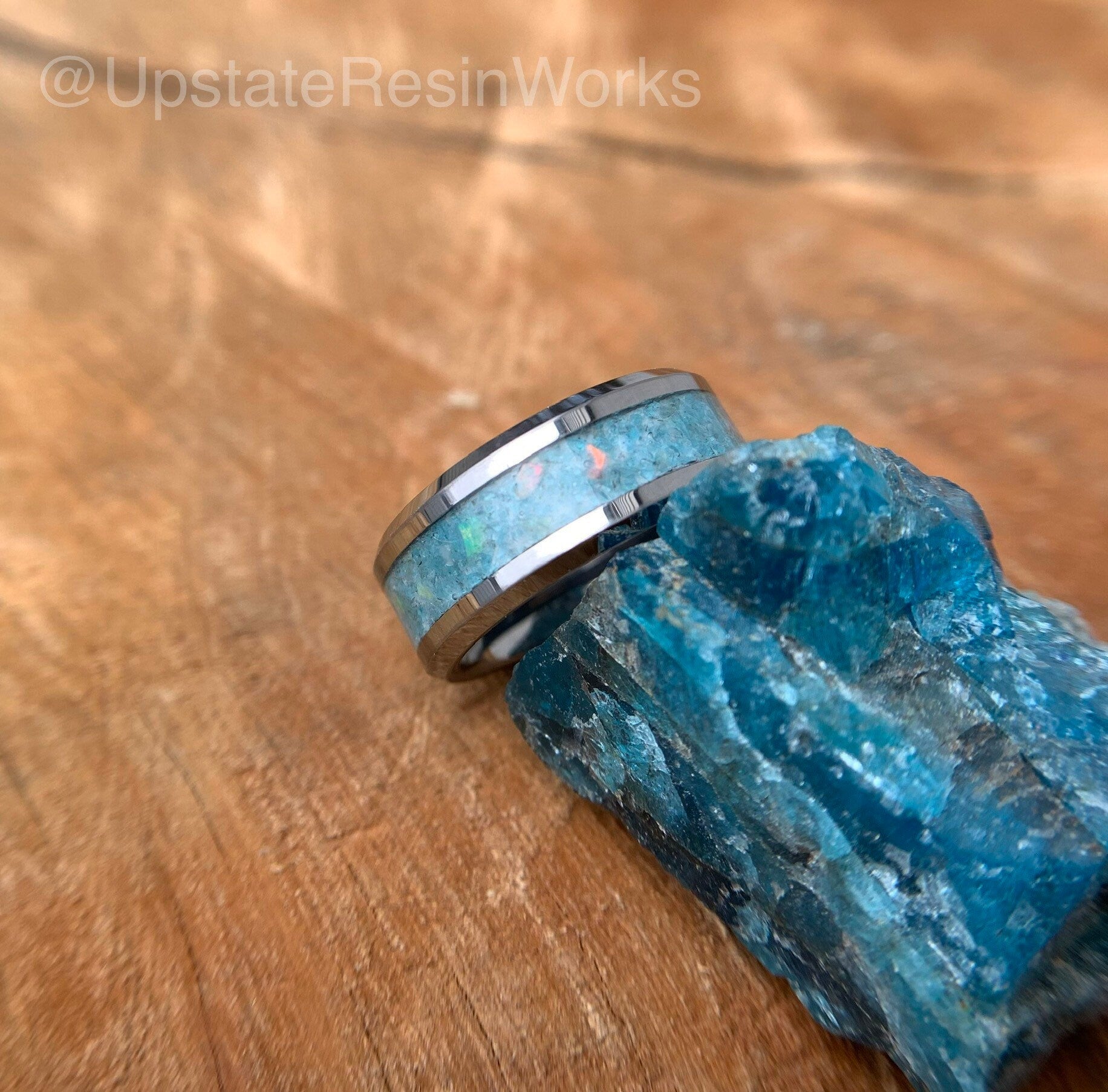 Blue Apatite ring, Opal and Apatite band, gemstone band, Tungsten