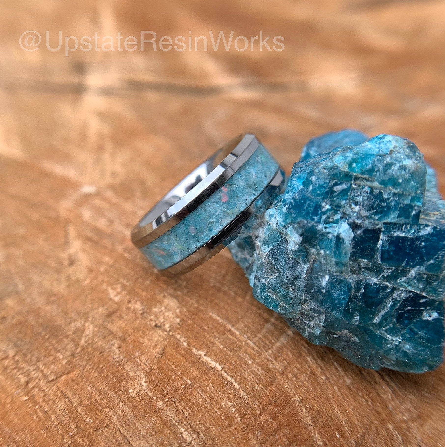 Blue Apatite ring, Opal and Apatite band, gemstone band, Tungsten