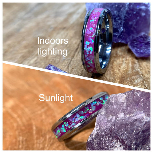 Color change ring, Opal and Amethyst ring, Amethyst band, engagement ring, wedding ring, promise ring, Anniversary ring, for him, for her,