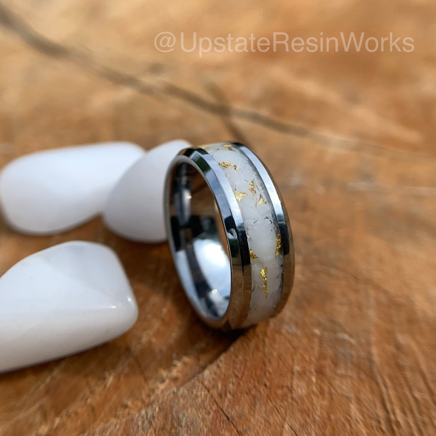 Genuine White quartz and gold band, white quartz and gold ring, quartz, gemstone band, mens band, womans band, wedding band, engagement band